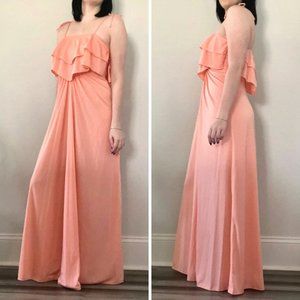 Vintage 1970s Peach Tiered Bust Maxi Dress w/ Tie Straps